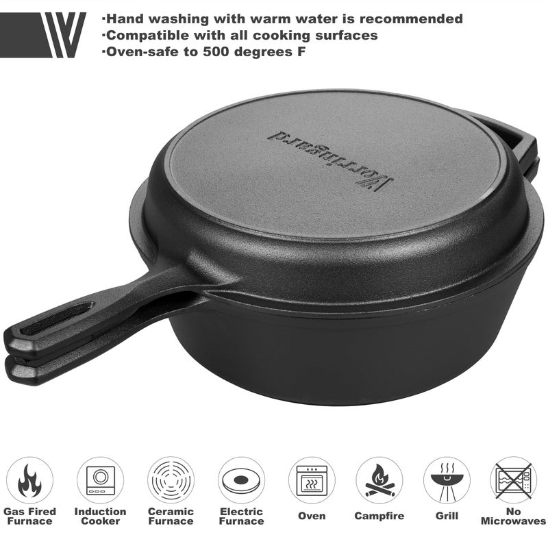 VORRINGARD Pre-seasoned Cast Iron Double Dutch Oven Pot with Skillet Lid, for Bread Baking, Outdoor, Campfire Cooking, 3 Quart - Image 4