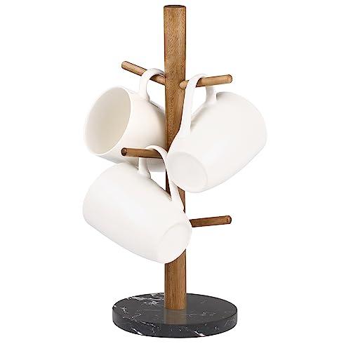Buruis Mug Holder Acacia Wood Marble Base 6 Hooks Kitchen Countertop Coffee Tea Cups Organizer - Image 1