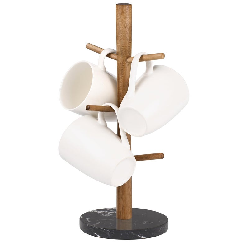 Buruis Mug Holder Acacia Wood Marble Base 6 Hooks Kitchen Countertop Coffee Tea Cups Organizer - Image 2
