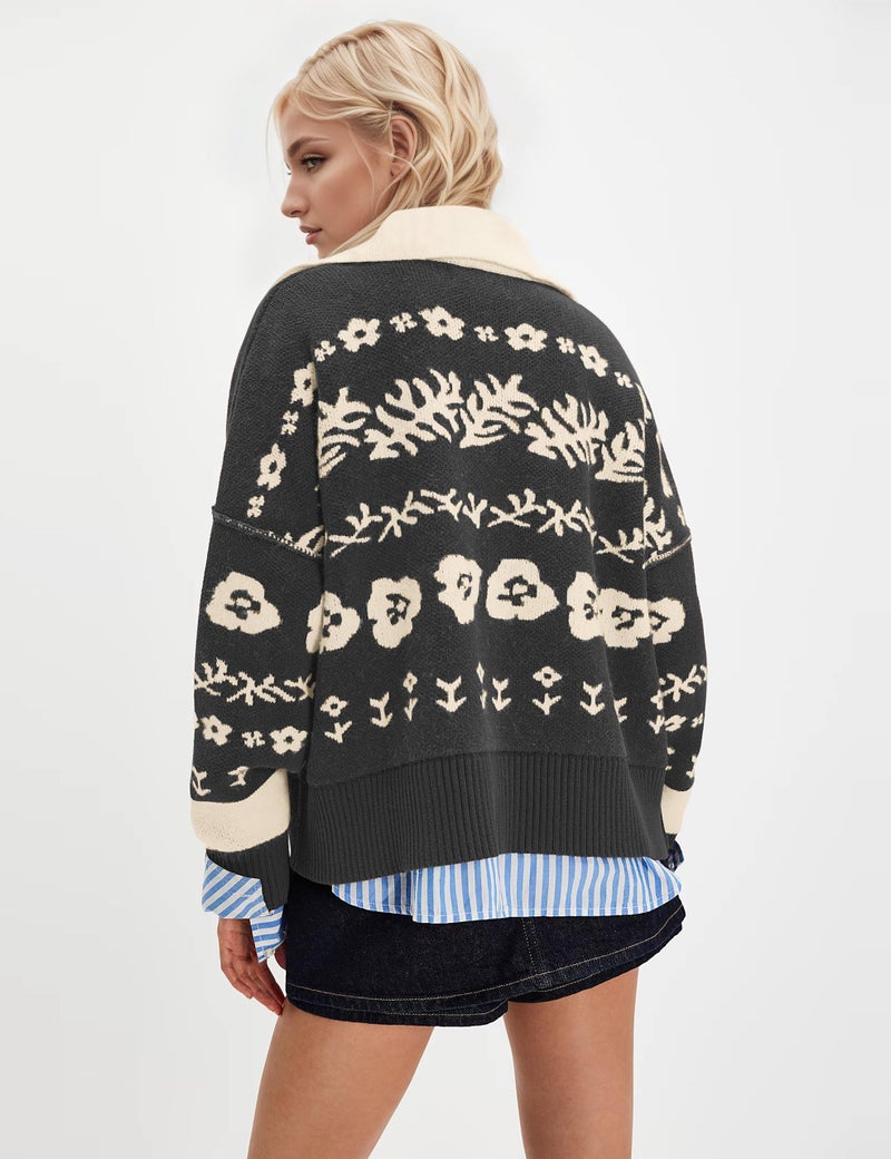 MISSACTIVER Floral Print Button Down Cardigan Sweaters for Women Long Sleeve V Neck Open Front Knit Crop Tops Fall Jacket Dark Grey - Image 2