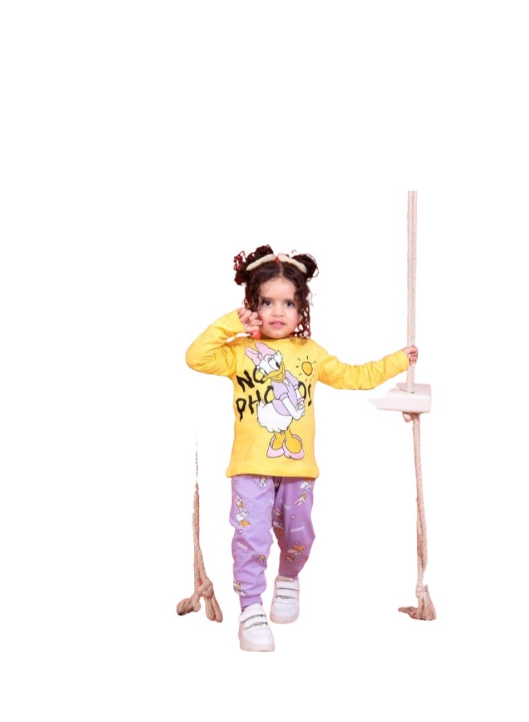Girls' autumn pajamas, yellow T-shirt, mauve pants