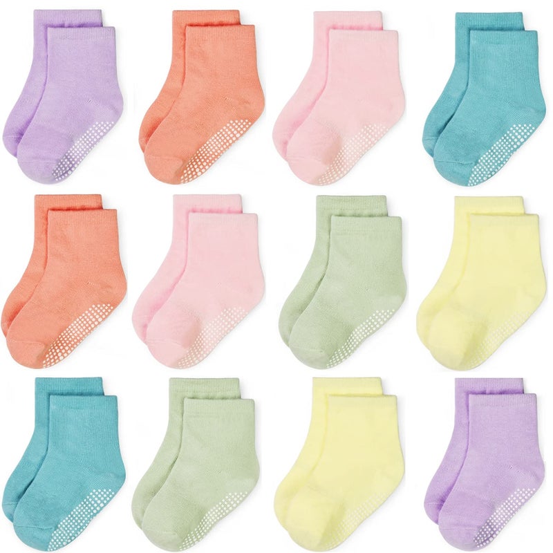 GRPSKCOS Baby Socks Non Slip 12 Pairs Toddler Anti Skid Socks for 0-7 Years Infants Little Kids Boys Girls(#6 Girls 12 Pairs-A, 3-5T) - Image 1