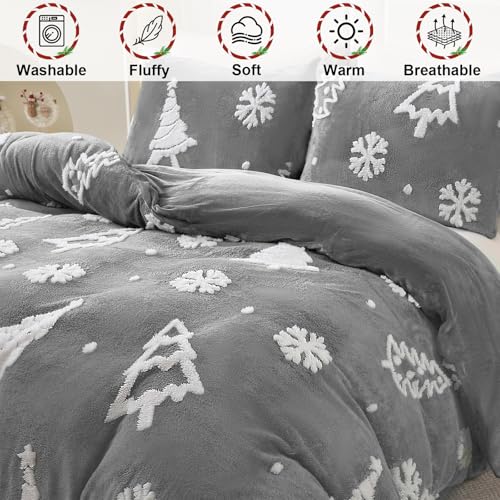 ASPMIZ 3 Piece Christmas Duvet Cover Queen Size, Christmas Tree Jacquard Queen Duvet Covers Fluffy, Winter Cozy Bedding Set with Zipper Closure, 1 Comforter Cover 90 x 90 & 2 Pillow Shams, Grey - Image 4