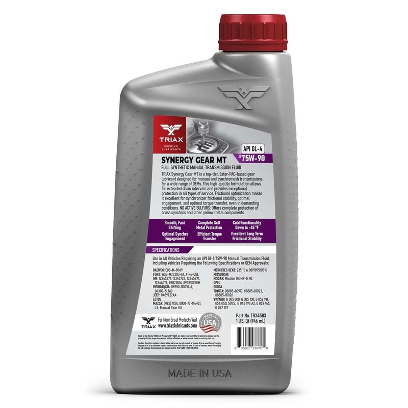 زيت تروس TRIAX Synergy Gear MT 75W-90 GL-4 (MT-90)؛ سائل ناقل حركة يدوي اصطناعي بالكامل؛ تغيير سلس؛ لا التصاق، انزلاق، اهتزاز، أو ارتعاش؛ آمن للمعادن الصفراء (1 كوارت) - Image 2