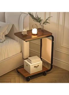 YQbest C Shaped End Table Movable Couch Side Table with Storage Bag Small 2 Tier Sofa Bed Side Table with Sturdy Metal Frame and Lockable Wheels for Living Room & Bedroom (15.7" L x 11" W x 25" H) (brown)  - Image 2
