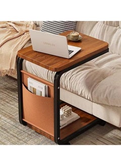 YQbest C Shaped End Table Movable Couch Side Table with Storage Bag Small 2 Tier Sofa Bed Side Table with Sturdy Metal Frame and Lockable Wheels for Living Room & Bedroom (15.7" L x 11" W x 25" H) (brown)  - Image 1