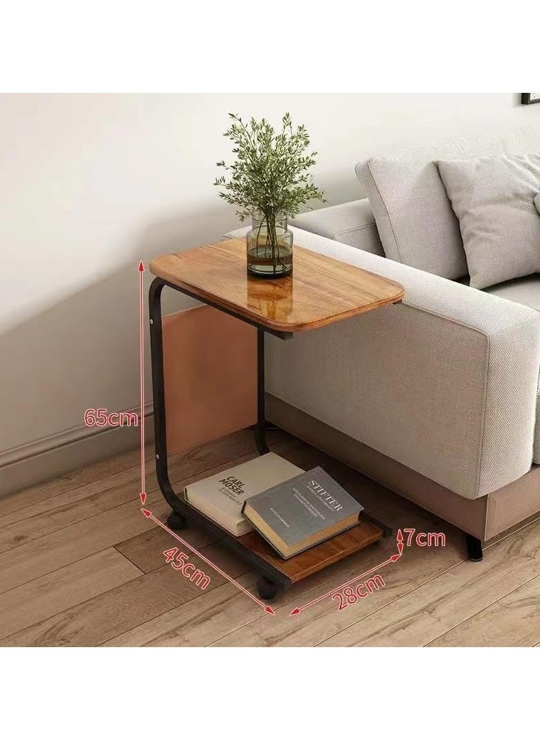 YQbest - C Shaped End Table Movable Couch Side Table with Storage Bag Small 2 Tier Sofa Bed Side Table with Sturdy Metal Frame and Lockable Wheels for Living Room & Bedroom (15.7" L x 11" W x 25" H) (brown) - Image 1