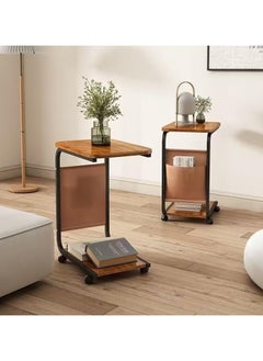 YQbest C Shaped End Table Movable Couch Side Table with Storage Bag Small 2 Tier Sofa Bed Side Table with Sturdy Metal Frame and Lockable Wheels for Living Room & Bedroom (15.7" L x 11" W x 25" H) (brown)  - Image 3