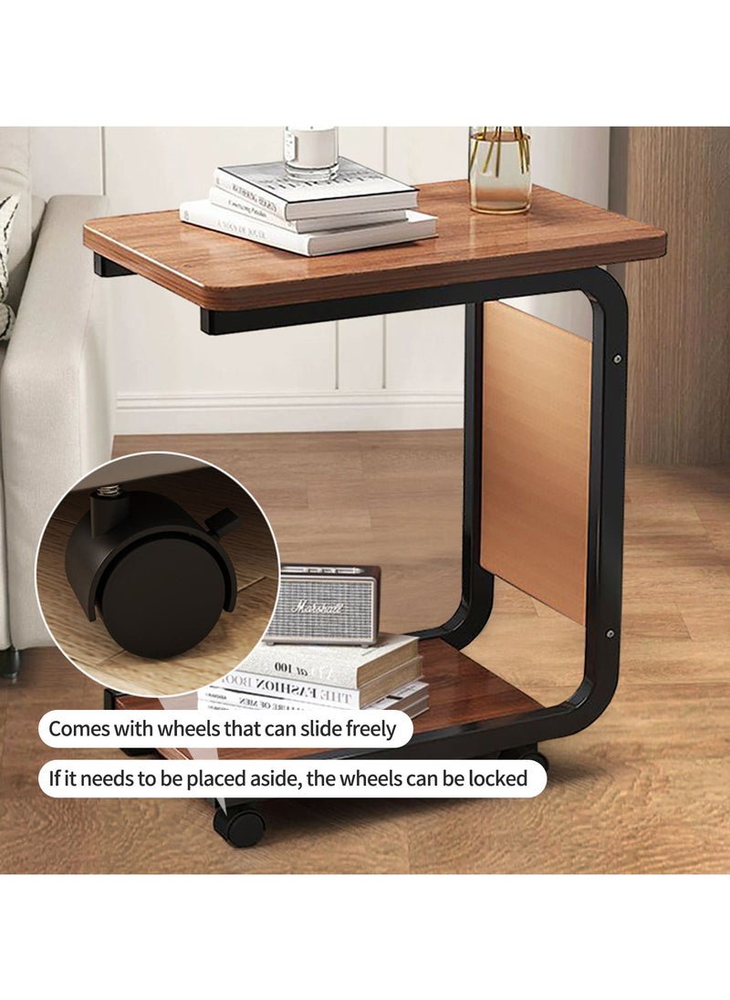 YQbest - C Shaped End Table Movable Couch Side Table with Storage Bag Small 2 Tier Sofa Bed Side Table with Sturdy Metal Frame and Lockable Wheels for Living Room & Bedroom (15.7" L x 11" W x 25" H) (brown) - Image 1