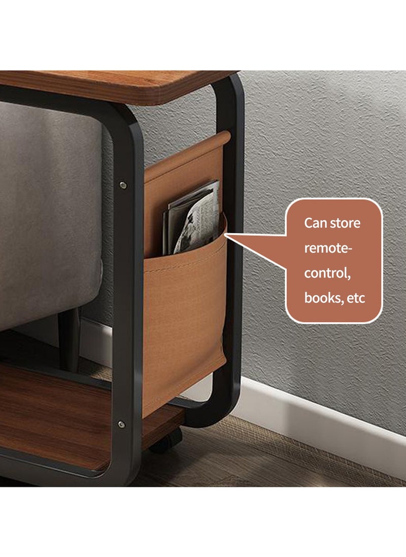 YQbest - C Shaped End Table Movable Couch Side Table with Storage Bag Small 2 Tier Sofa Bed Side Table with Sturdy Metal Frame and Lockable Wheels for Living Room & Bedroom (15.7" L x 11" W x 25" H) (brown) - Image 1