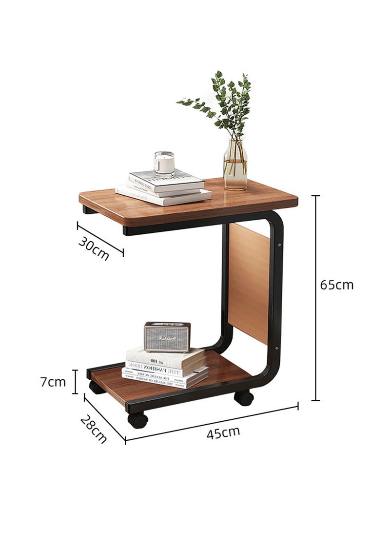 YQbest - C Shaped End Table Movable Couch Side Table with Storage Bag Small 2 Tier Sofa Bed Side Table with Sturdy Metal Frame and Lockable Wheels for Living Room & Bedroom (15.7" L x 11" W x 25" H) (brown) - Image 1