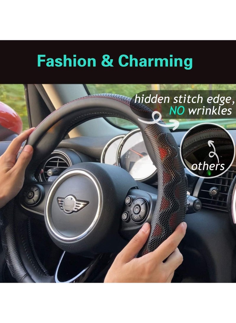 Excefore Steering Wheel Cover Universal 15 inch, Microfiber Leather Viscose, Great Grip with 3D Honeycomb Anti-Slip Design, Red - Image 2