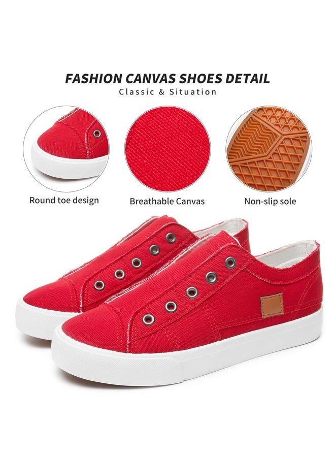 XRH Women's Slip on Shoes Non Slip Fashion Canvas Sneakers Low Top Casual Shoes(Red,US7.5 - Image 2