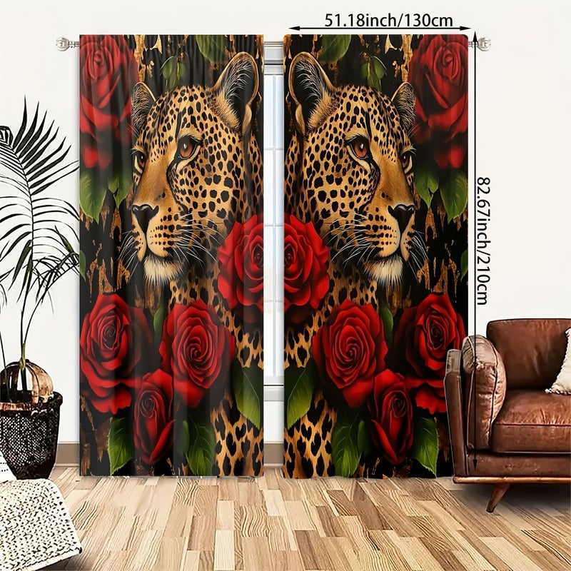 2 Panels Polyester Curtains With Rose And Leopard High Definition Digital Print Light Filtering Rod Pocket Design For Bedroom Living Room Office Home Decoration Size W51 18inch By H82 67inch - Image 3