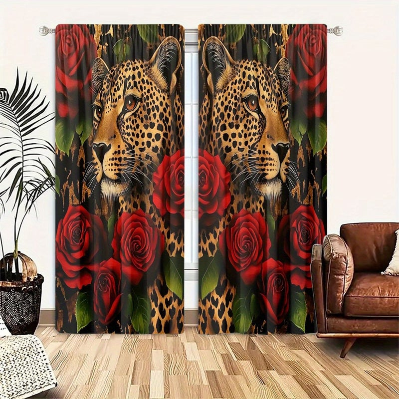 2 Panels Polyester Curtains With Rose And Leopard High Definition Digital Print Light Filtering Rod Pocket Design For Bedroom Living Room Office Home Decoration Size W51 18inch By H82 67inch - Image 1