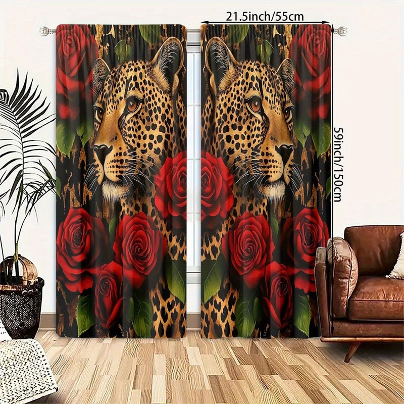 2 Panels Polyester Curtains With Rose And Leopard High Definition Digital Print Light Filtering Rod Pocket Design For Bedroom Living Room Office Home Decoration Size W51 18inch By H82 67inch - Image 5