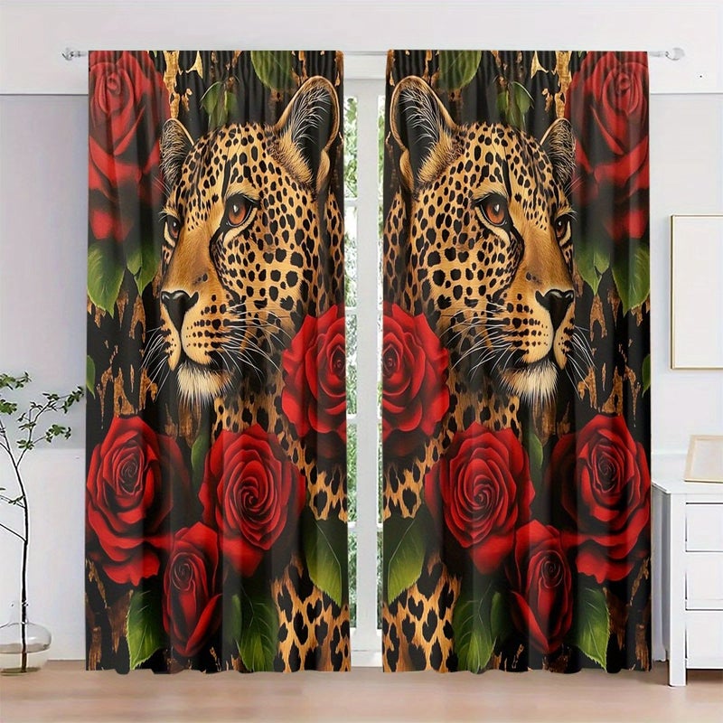 2 Panels Polyester Curtains With Rose And Leopard High Definition Digital Print Light Filtering Rod Pocket Design For Bedroom Living Room Office Home Decoration Size W51 18inch By H82 67inch - Image 2