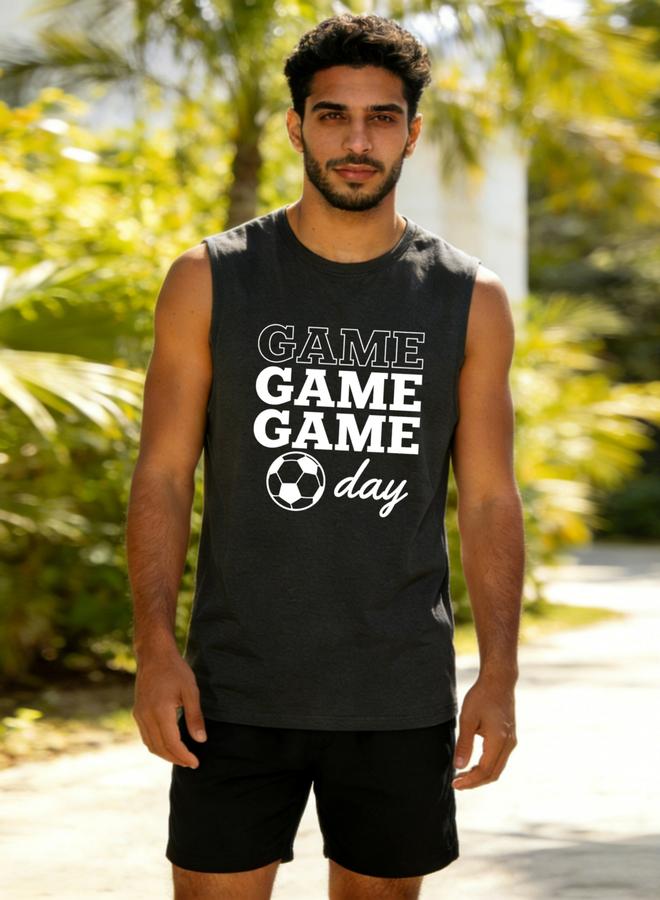 Take Two Men Charcoal Graphic Print Round Neck Tank and Shorts Co-Ords - Image 1