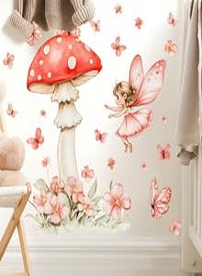 DRWSSR 2 Sheets Removable Cute Mushroom Fairy Wall Decals DIY Green Plants and Flower Wall Decals Peel and Stick Pink Butterfly Decal for Girls Home Nursery Bedroom Bathroom Decor - Image 3