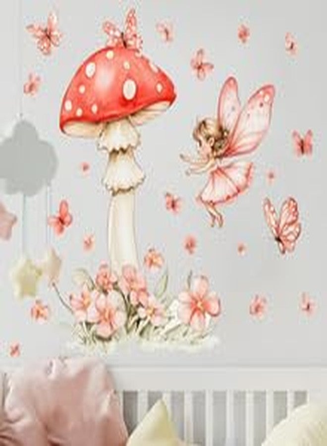 DRWSSR 2 Sheets Removable Cute Mushroom Fairy Wall Decals DIY Green Plants and Flower Wall Decals Peel and Stick Pink Butterfly Decal for Girls Home Nursery Bedroom Bathroom Decor - Image 4