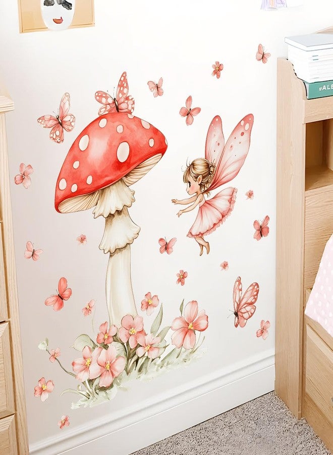 DRWSSR 2 Sheets Removable Cute Mushroom Fairy Wall Decals DIY Green Plants and Flower Wall Decals Peel and Stick Pink Butterfly Decal for Girls Home Nursery Bedroom Bathroom Decor - Image 5