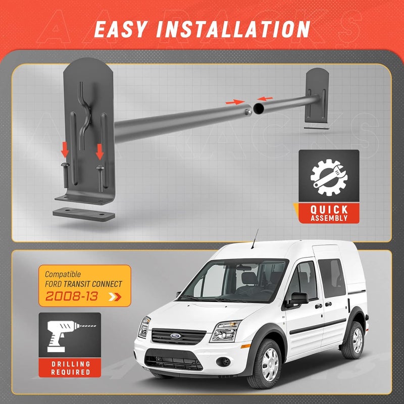 AA-Racks DX36 Steel 2 Bar Utility Drilling Van Roof Ladder Rack System for Ford Transit Connect 2008-2013 - Sandy Black - Image 4