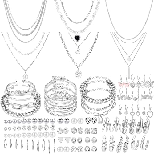 NEWITIN 69 Pieces Silver Jewelry Set for Women Fashion Costume Jewelry Silver Plated Necklace Bracelet Earrings Set for Women - Image 1