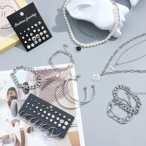 NEWITIN 69 Pieces Silver Jewelry Set for Women Fashion Costume Jewelry Silver Plated Necklace Bracelet Earrings Set for Women - Image 3