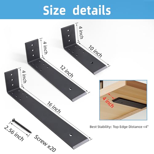 WEKIS 10 Inch Countertop Support Bracket, 3 Pack Solid Iron Steel Heavy Duty Hidden Floating L Shelf Brackets 1/4 Inch Thick, Shelving Support Metal Hardware for Mantel Granite Countertop - Image 4