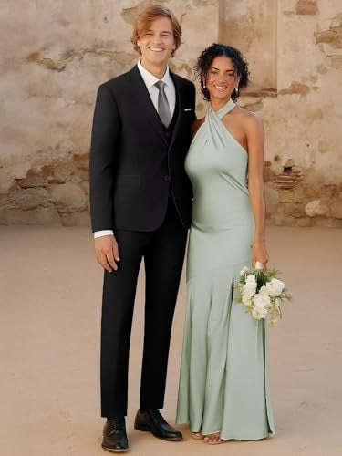 WEEN CHARM بدلة WEEN CHARM للرجال، مجموعة بدلة ضيقة مكونة من 3 قطع مع سترة ذات زرين، صدرية، بنطلون، بدلة رسمية لحفلات الزفاف، الحفلات، الأعمال باللون الأسود - Image 3