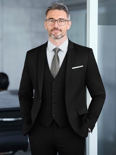 WEEN CHARM بدلة WEEN CHARM للرجال، مجموعة بدلة ضيقة مكونة من 3 قطع مع سترة ذات زرين، صدرية، بنطلون، بدلة رسمية لحفلات الزفاف، الحفلات، الأعمال باللون الأسود - Image 4