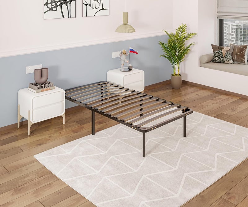 STAR WORK سرير معدني فاخر من ستار وورك بحجم سرير مفرد دعم قوي مريح لجميع أنواع المراتب من كوير ميموري فوم ومراتب النوابض قدرة تحمل عالية LxWxH 78x36x14 بوصة بدون مرتبة - Image 1