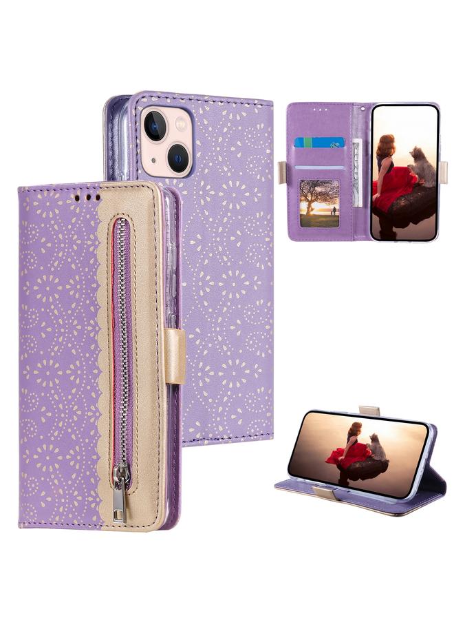 S-TOP Case For iPhone 15 Plus Lace Pattern Double Button Zipper Leather Phone Case with Lanyard - Image 1