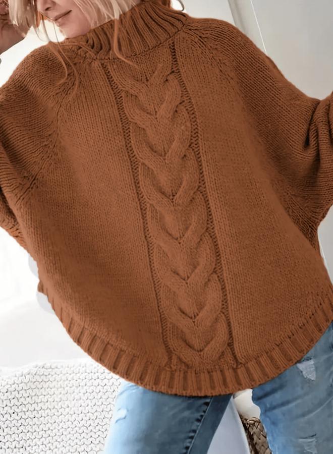Take Two Plus Size Solid High Neck Cable Knit Sweater - Image 3