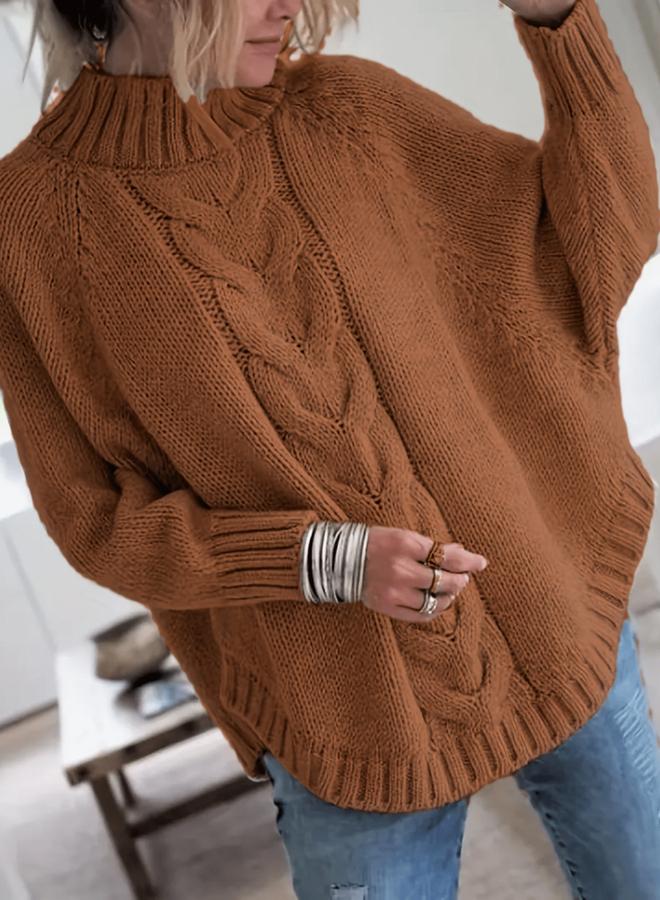 Take Two Plus Size Solid High Neck Cable Knit Sweater - Image 1