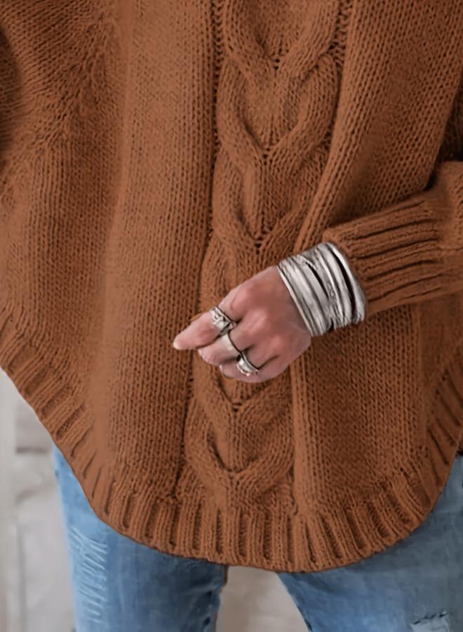 Take Two Plus Size Solid High Neck Cable Knit Sweater - Image 4