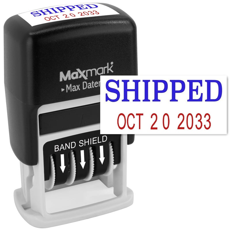 MaxMark SelfInking Rubber Date Office Stamp with Shipped Phrase Blue Ink  Date RED Ink Max Dater II 12Year Band