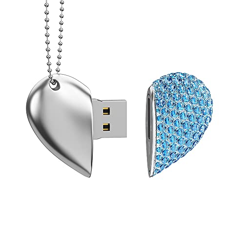 RAOYI 32GB Heart Shape USB 2.0 Flash Drive Crystal Memory Stick Thumb Drive Pen Drive Jump Drive Jewelry Pendant Necklace with Key Chain-Blue - Image 1