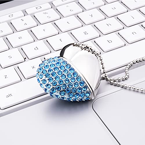 RAOYI 32GB Heart Shape USB 2.0 Flash Drive Crystal Memory Stick Thumb Drive Pen Drive Jump Drive Jewelry Pendant Necklace with Key Chain-Blue - Image 5