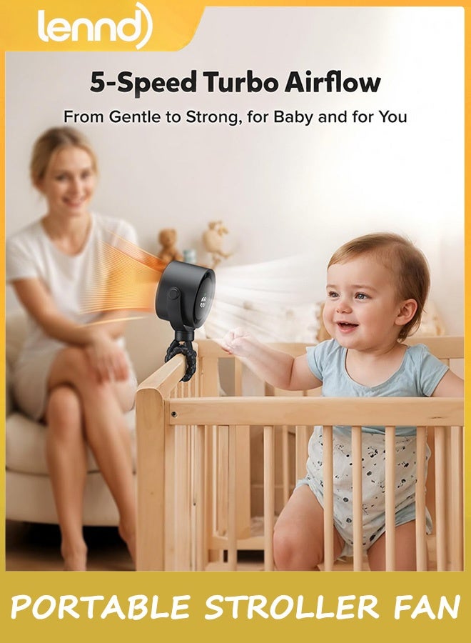 لينند مروحة عربة أطفال محمولة، مروحة شخصية للسفر، تقنية Air Turbo وشاشة رقمية، قابلة للفصل بـ 5 سرعات قابلة لإعادة الشحن 360 درجة، مروحة مرنة ثلاثية القوائم، للمنزل والمكتب وعربة الأطفال والتخييم - أسود - Image 2