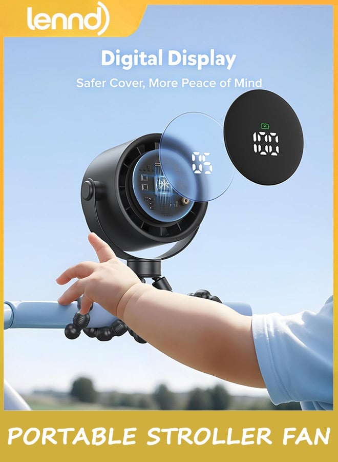لينند مروحة عربة أطفال محمولة، مروحة شخصية للسفر، تقنية Air Turbo وشاشة رقمية، قابلة للفصل بـ 5 سرعات قابلة لإعادة الشحن 360 درجة، مروحة مرنة ثلاثية القوائم، للمنزل والمكتب وعربة الأطفال والتخييم - أسود - Image 5