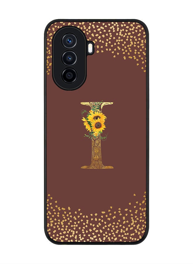 Stylizedd Rugged Black edge case for Huawei Nova Y70  Slim fit Soft Case Flexible Rubber Edges Anti Drop TPU Gel Thin Cover - Custom Monogram Initial Letter Floral Pattern Alphabet - I (Brown ) - Image 1