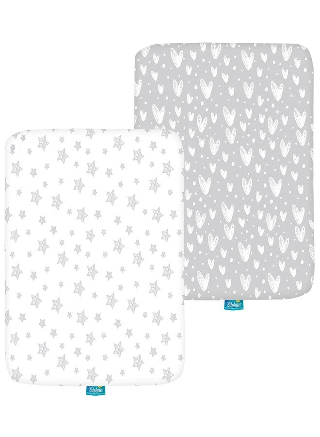 Biloban Square Playard/Playpen Fitted Sheets, Perfect for 36 X 36 Portable Playard, 2 Pack, 100% Jersey Knit Cotton Fitted Sheets, Grey Stripes and Hearts Print for Baby Boy and Baby Girl - Image 1
