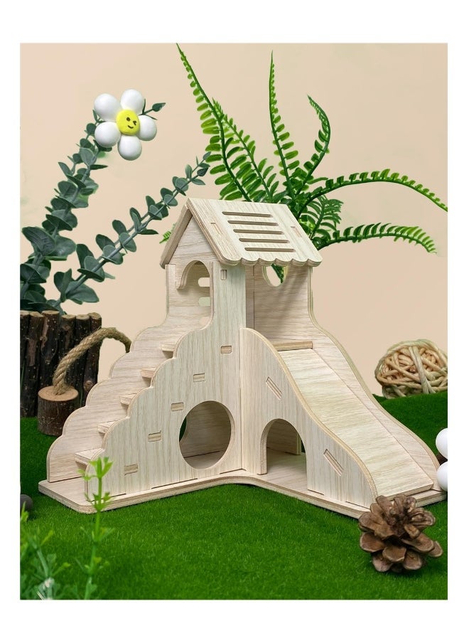 Generic - Hamster Hideout, Hamster House and Habitat Wooden Hide Hut with Climbing Ladder and Slide for Dwarf Gerbils and Mouse Mice Rat Other Small Animals - Image 1