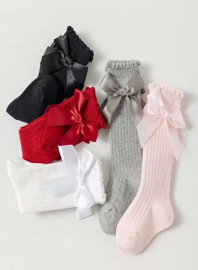 Lyonardo Baby Girl Cotton Knee HIGH Socks with Bows | Soft, Comfortable & Breathable, Photoshoot, Birthday, Casual Outdoor wear(Pack of 4 Pairs) (IN, Age, 6 Months, 12 Months, 4, Multicolor) - Image 3