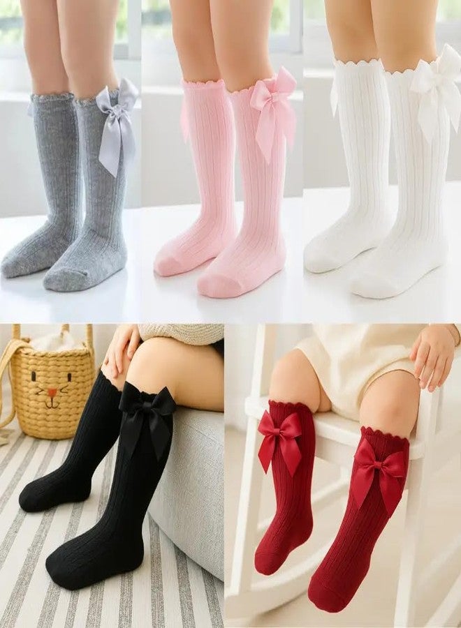 Lyonardo Baby Girl Cotton Knee HIGH Socks with Bows | Soft, Comfortable & Breathable, Photoshoot, Birthday, Casual Outdoor wear(Pack of 4 Pairs) (IN, Age, 6 Months, 12 Months, 4, Multicolor) - Image 2