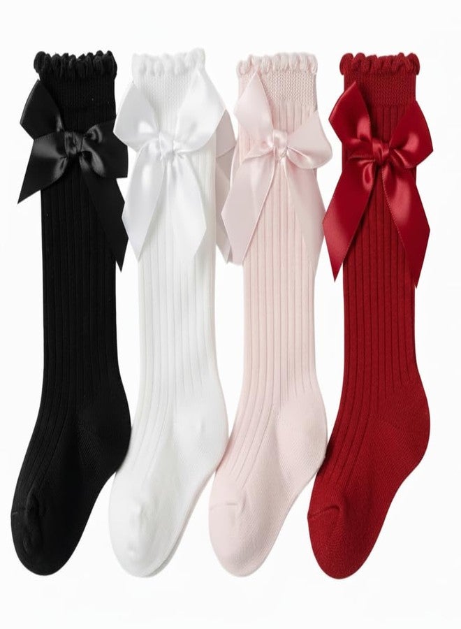 Lyonardo Baby Girl Cotton Knee HIGH Socks with Bows | Soft, Comfortable & Breathable, Photoshoot, Birthday, Casual Outdoor wear(Pack of 4 Pairs) (IN, Age, 6 Months, 12 Months, 4, Multicolor) - Image 1
