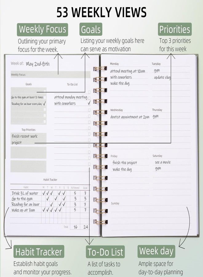 LONLAT Undated Weekly and Monthly Planner Spiral Bound- Weekly Goals Notebook, Daily Planner, To Do List, Habit Tracker, Hardcover, Aesthetic, Stylish School or Office Supplies (A-Green) - Image 3