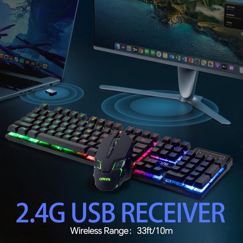 CHONCHOW لوحة مفاتيح وماوس لاسلكي للألعاب من USB، لوحة مفاتيح بإضاءة خلفية LED ومريحة ذات إحساس ميكانيكي، بطارية قابلة للشحن 2500 مللي أمبير، لوحات مفاتيح مضادة للظلال وماوس 7D 3600DPI لأجهزة الكمبيوتر المخصصة للألعاب - Image 5
