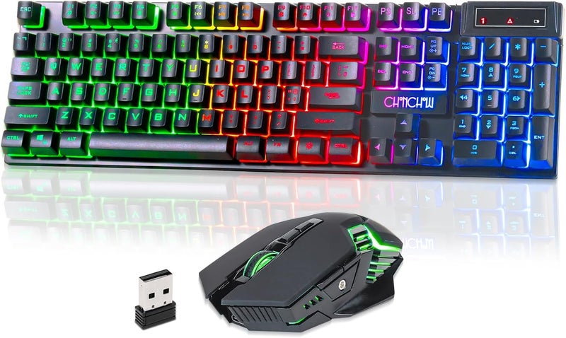 CHONCHOW لوحة مفاتيح وماوس لاسلكي للألعاب من USB، لوحة مفاتيح بإضاءة خلفية LED ومريحة ذات إحساس ميكانيكي، بطارية قابلة للشحن 2500 مللي أمبير، لوحات مفاتيح مضادة للظلال وماوس 7D 3600DPI لأجهزة الكمبيوتر المخصصة للألعاب - Image 1